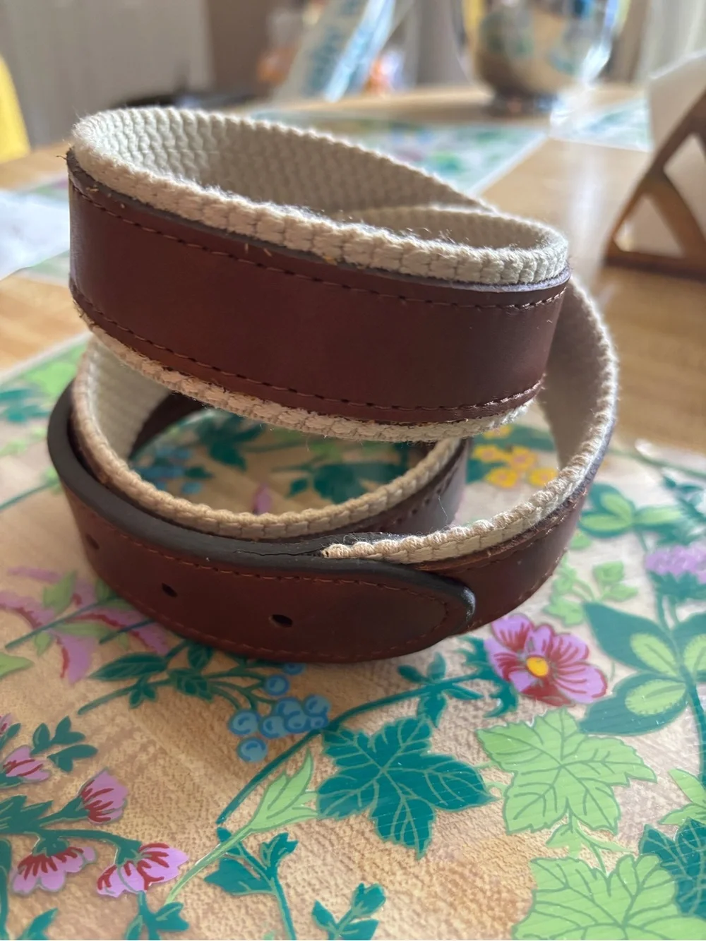 Tommy Bahama Brown Leather Belt with Cream Canvas Edge Reversible